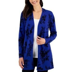 JM Collection Floral Print Open Front‎ Knit Cardigan Sweater Royal Blue Small